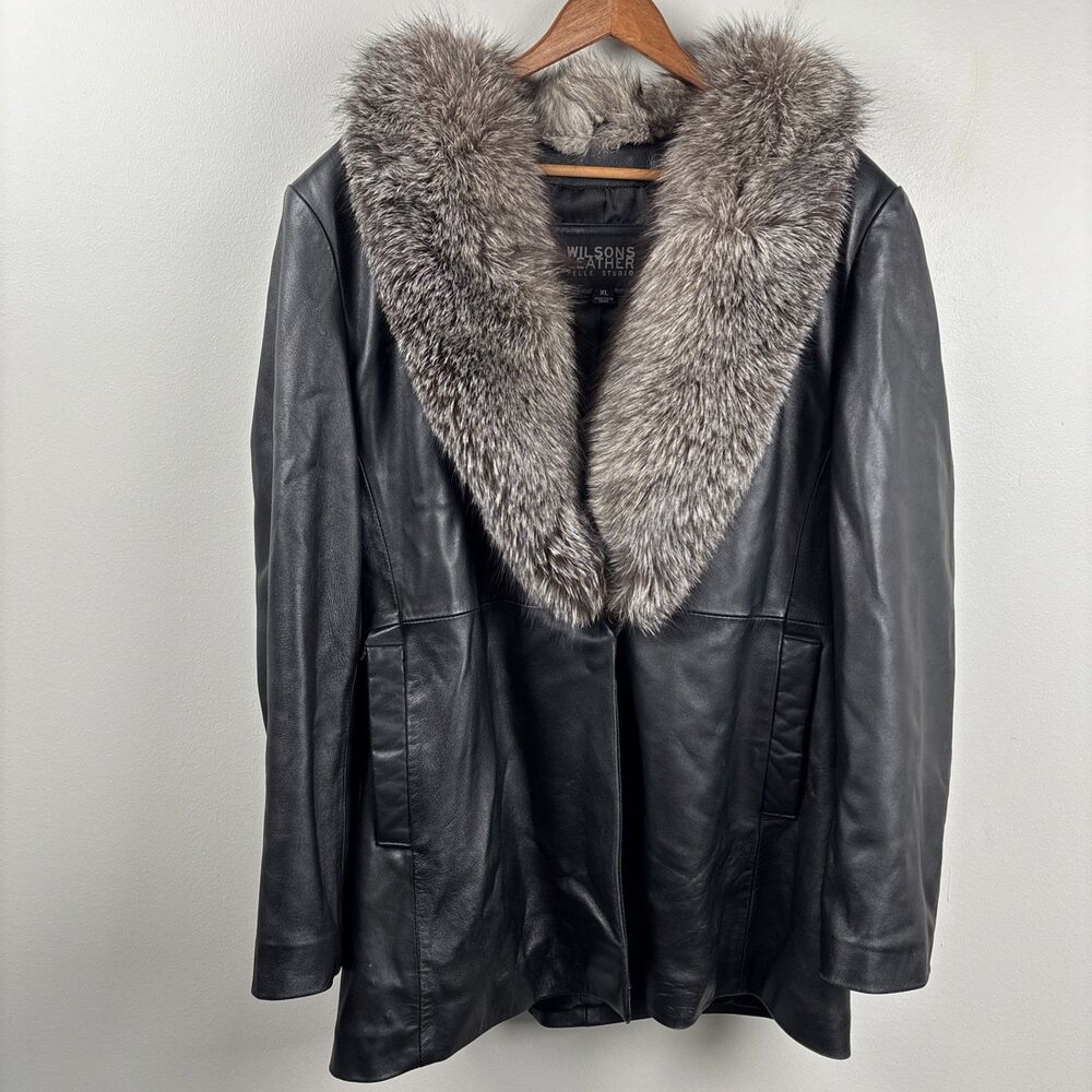 Vintage Wilsons Leather & Fox Fur Jacket Size XL Women Black W/ Gray Fox Fur